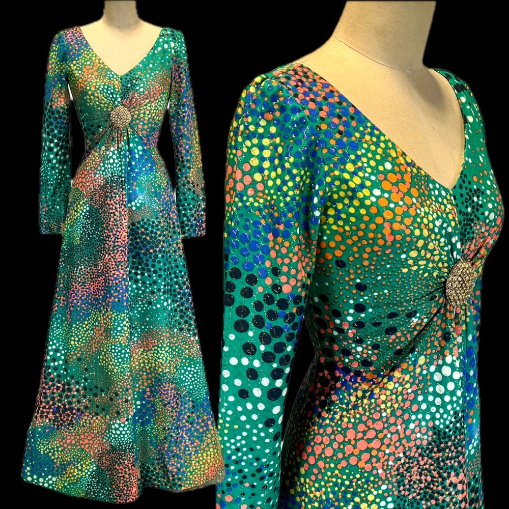 VINTAGE 60s psychedelic rainbow long maxi dress evening gown starburst brooch‎